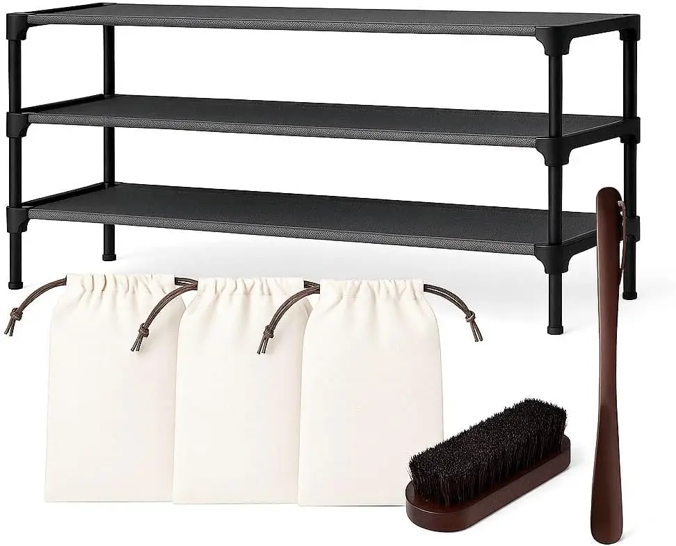 

Полка для обуви Органайзер 5-в-1 — рожок для обуви, щетка и 3 сумки — компактное хранилище для шкафа, прихожей