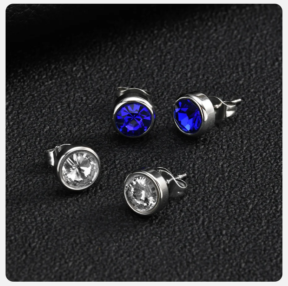 Vnox Herren-Ohrstecker mit rundem Zirkonia-Einsatz, 8 mm, aus Edelstahl, mit blauem, klarem Zirkonia, hypoallergener Piercingschmuck. – Detail 5