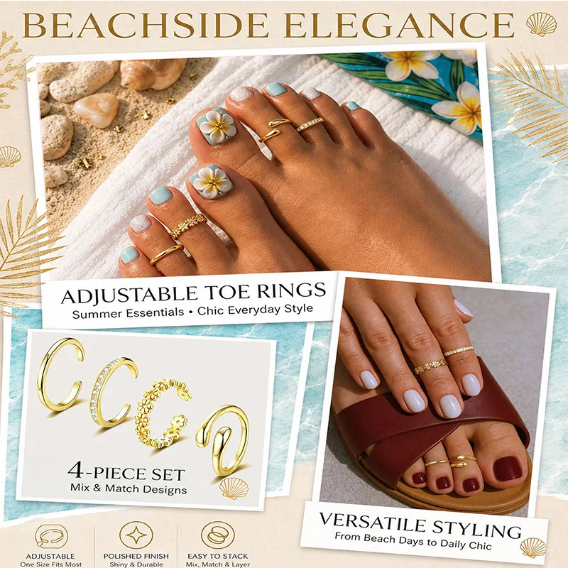 18K Gold Plated Filled Toe Rings Set, 4Pcs Adjustable