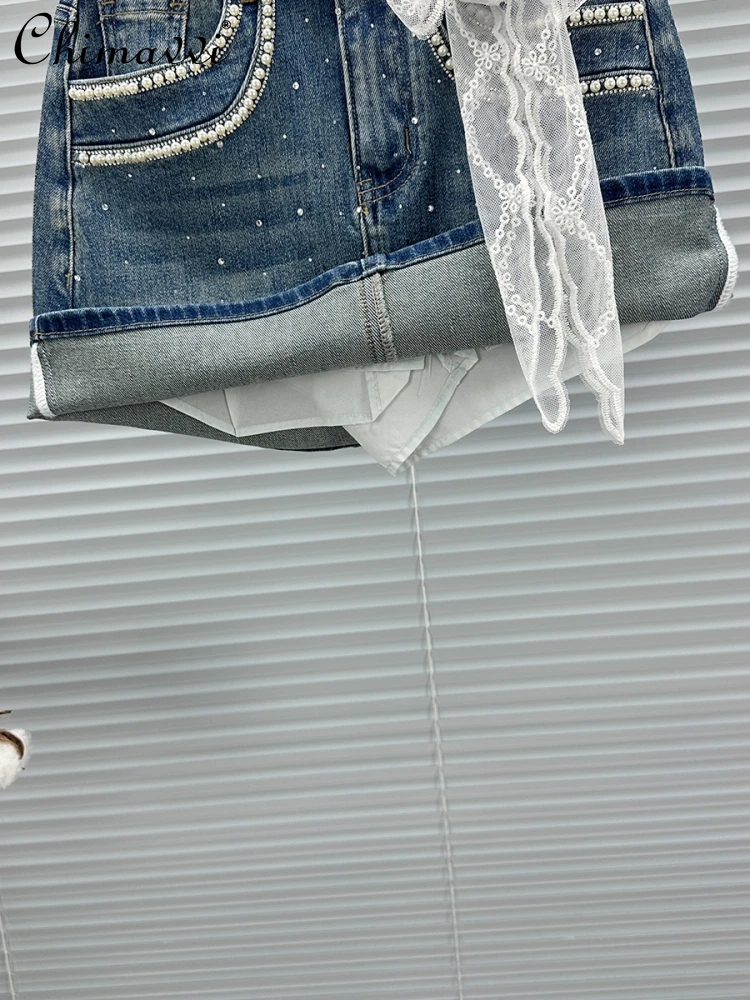 Fashion Anti-light Denim Short Skirt Women's 2025 Summer New Heavy Hot Diamond Beads High Waist Slim Short A-shaped Skirts