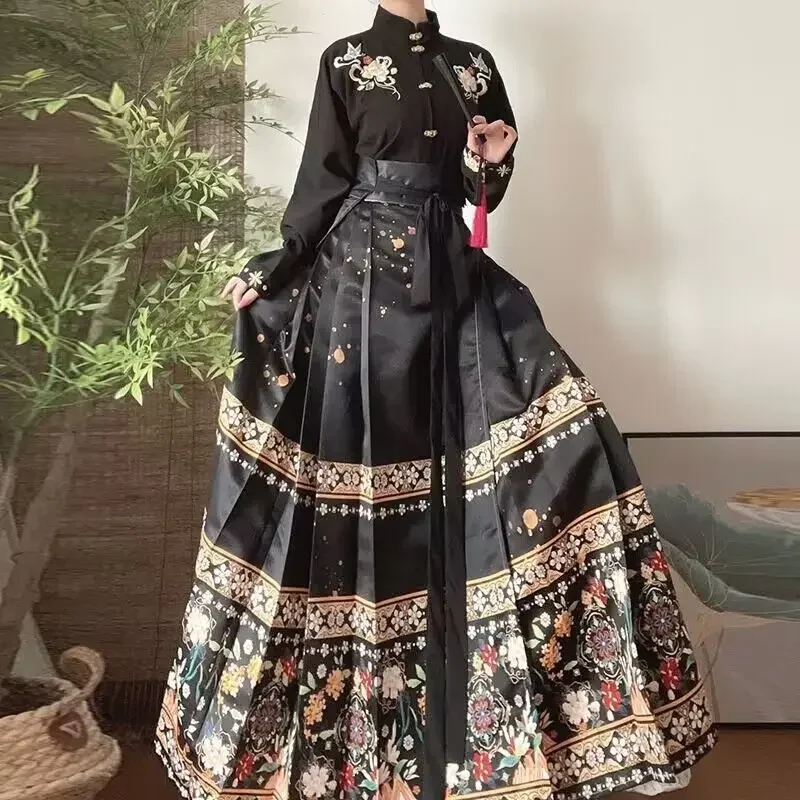 Falda plisada de cara de caballo Hanfu de la dinastía Ming para mujer, conjunto de camisa y falda negra, azul y roja, falda Hanfu tradicional china de talla grande