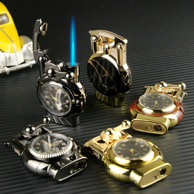 

Fashion Metal Rocker Arm Quartz Watch Gas Lighter Windproof Blue Flame Inflatable Lighter Cigarette Accessories Men's Gift
