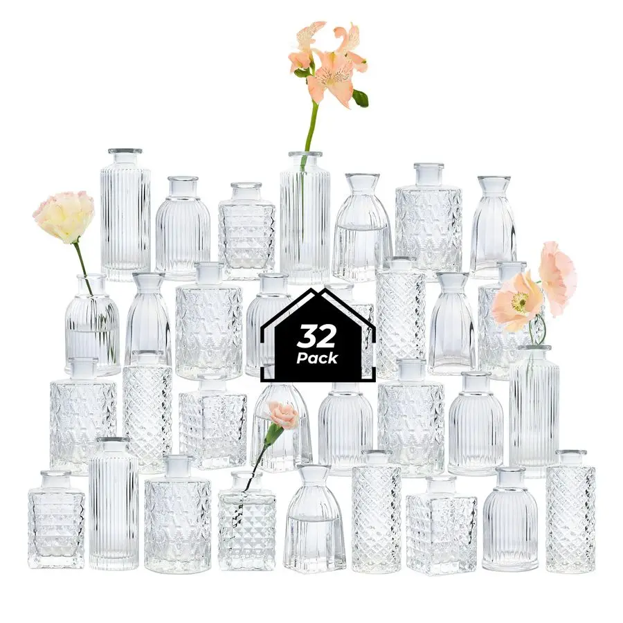 

Glass Bud Vases Set of 32, Small Clear Bud Vases in Bulk, Mini Flowers Vases for Centerpieces, Vintage Bottle Set f Customizable