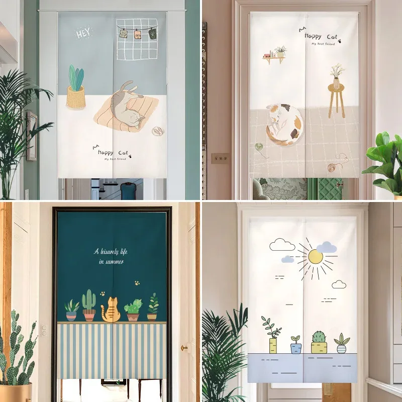 VIKAMA Nolun Curtains Scandinavian-style half-length curtains Featuring adorable cartoon cats with green plant prints Kitchen