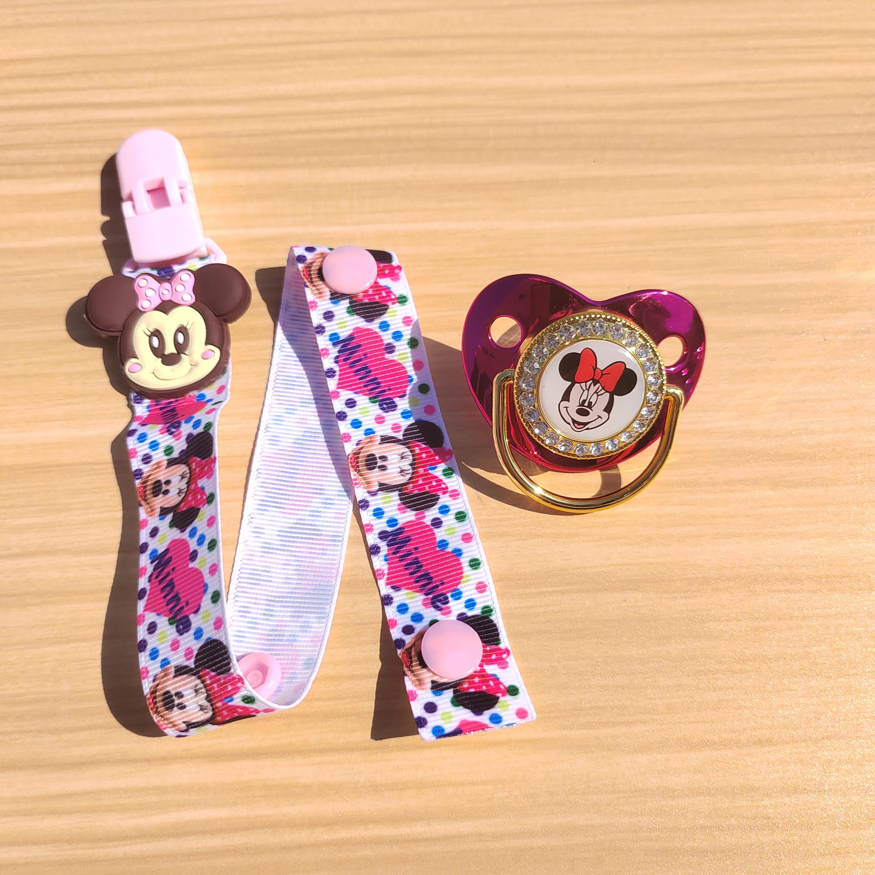 Disney Minnie Mouse Cartoon calico Strip Clip Luxury baby pacifier BPA Free Bling fake pacifier for baby Boys and baby Girls