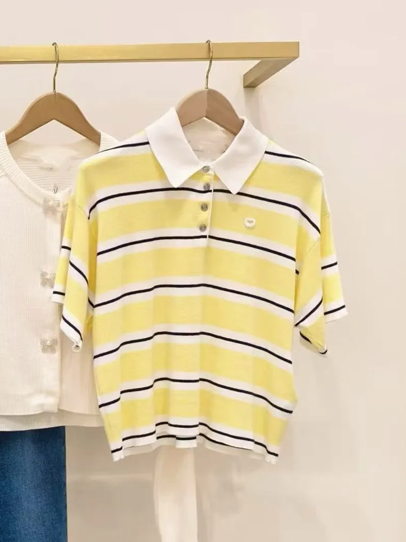 

High-End Version Spring Summer Fashion Diamond Decorated Collar Color Block Stripe Short Sleeve Casual Knitted Top Women