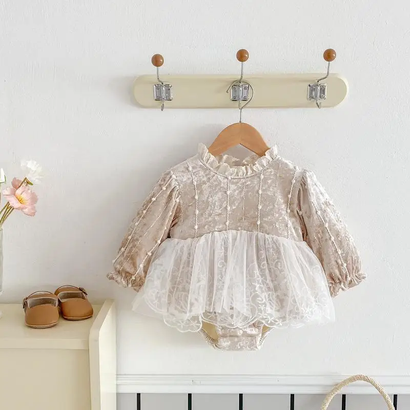 Korean Baby Girl Princess Lace Rompers Newborn Long Sleeved Cotton Jumpsuit Girls Thickened Bodysuits 0-24M Children Clothes