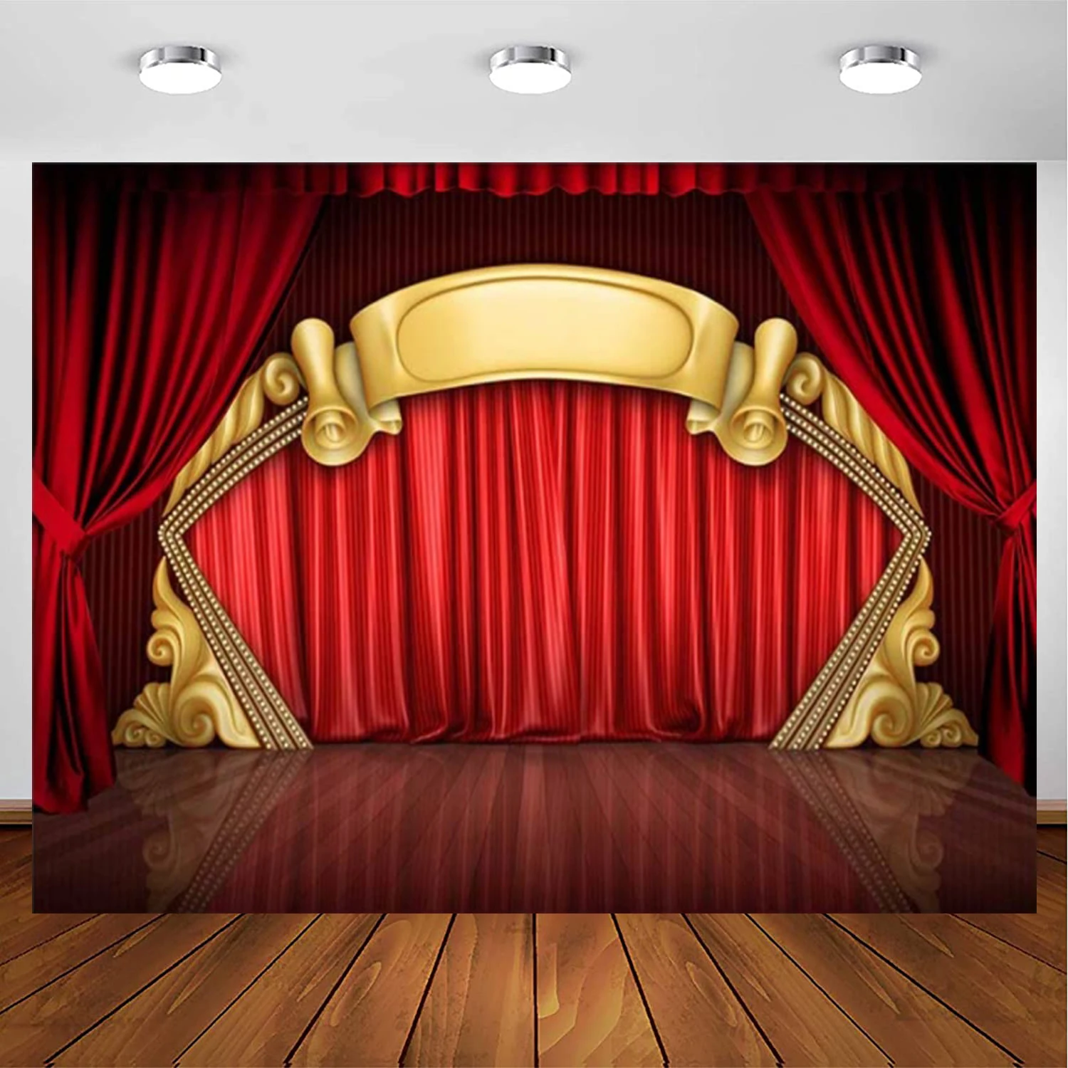 

3D Theater Stage Red Carpet Photography Backdkrop For Party Golden Red Curtain Wooden Floor Background Wedding Bridal Birthday