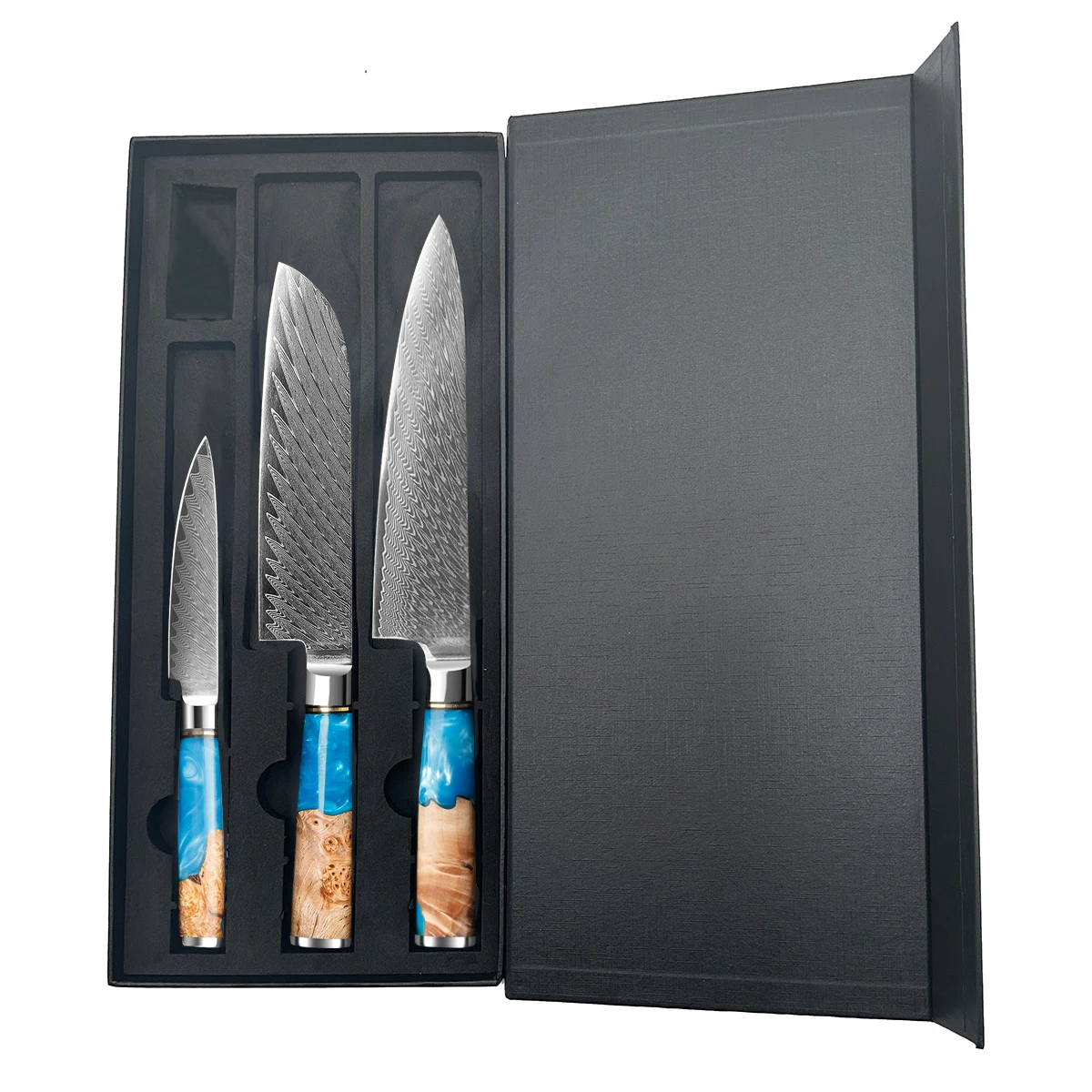 

Kitchen knife set, Damascus steel chef's knife, bread knife, multi-purpose knife, blue resin-stabilized wood handle, 3-piece set