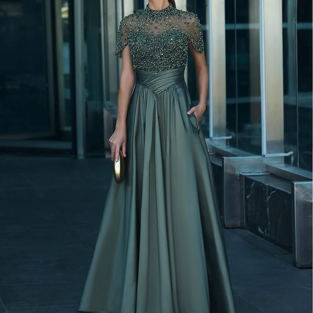 Customized A-line Evening Dresses Floor-length High-neck Short Sleeve Prom Gown Fashion Sequined Beading Pleat Draped Party Gown