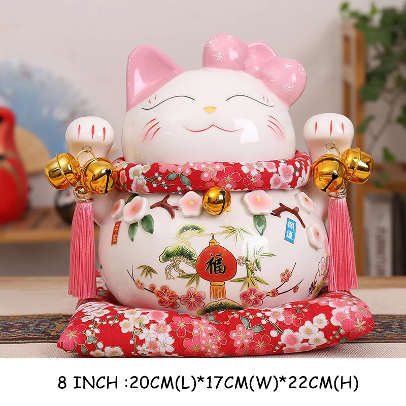 Ceramic Lucky Cat Money Bank Maneki Neko Fortune Cats Porcelain Happy Smiling Cat Figure Feng Shui Decor Ornament