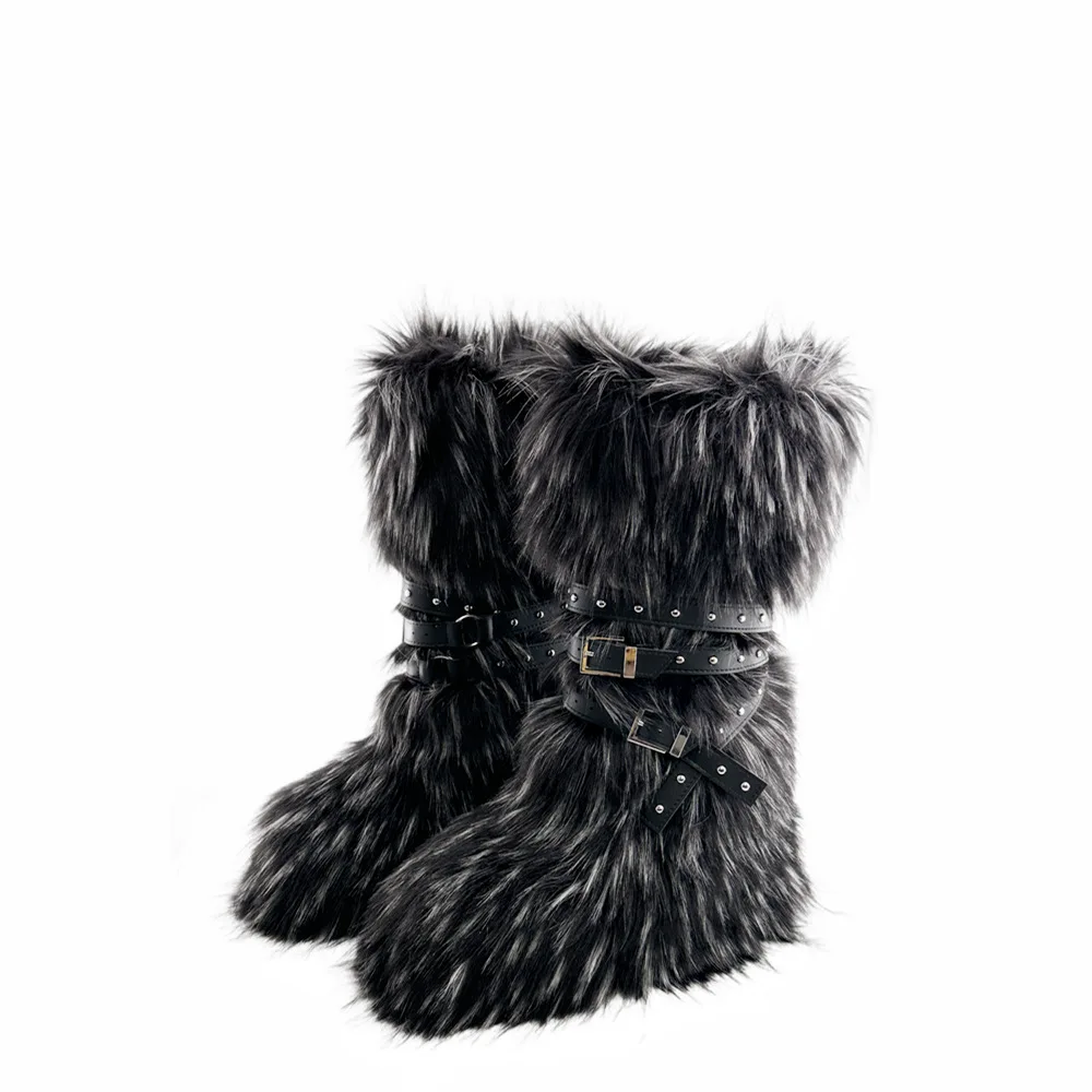 FLAMING PEACOCK Women's Faux Fur Knee-High Wedge Boots Brown 5