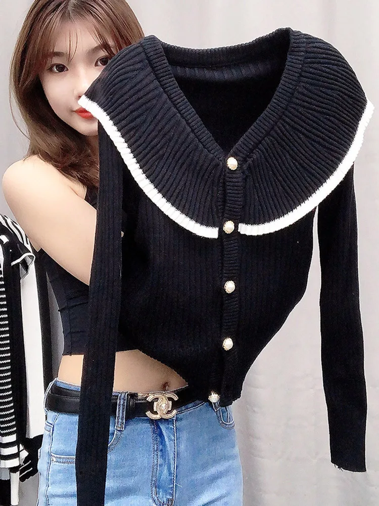 

V-Ne Knitted Sweater Coat High Waist ort Long Sve Women's Outerwear Autumn Faion Street Sle Slim Fit Quali Top