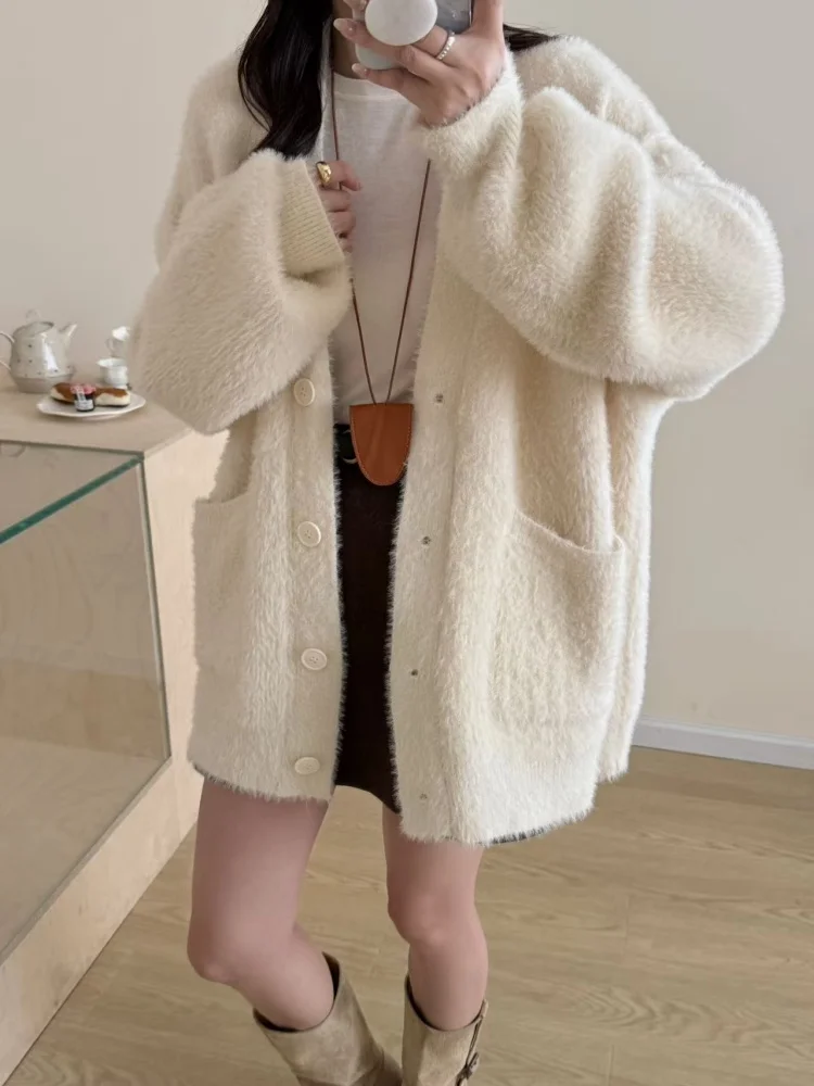 

SMTHMA корейский шикарный свитер кардиган женский ленивый ветер однобортный вязаный кардиган женский мохеровый однотонный кардиган с v-образным вырезом женский