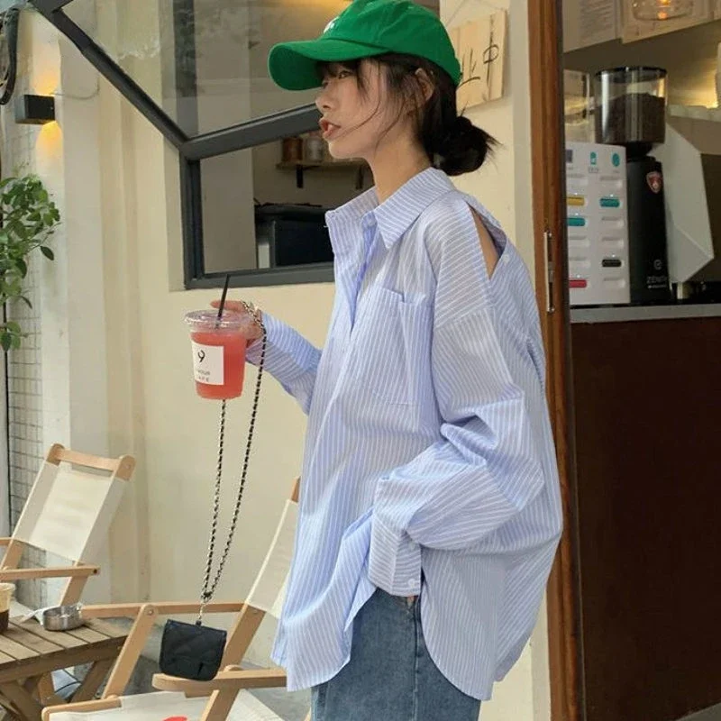 Chemises à revers rayées pour femmes, décontracté, simple, style coréen, confortable, tout match, évidé, mode féminine, 03, printemps