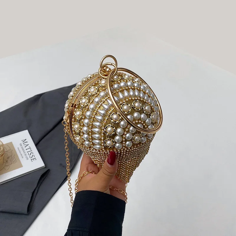 

Luxury Elegant Evening Bag Round Pearl Clutch Purse Handbag Ring Handle For Women Bride Bridesmaid Wedding Party Handbag Purses
