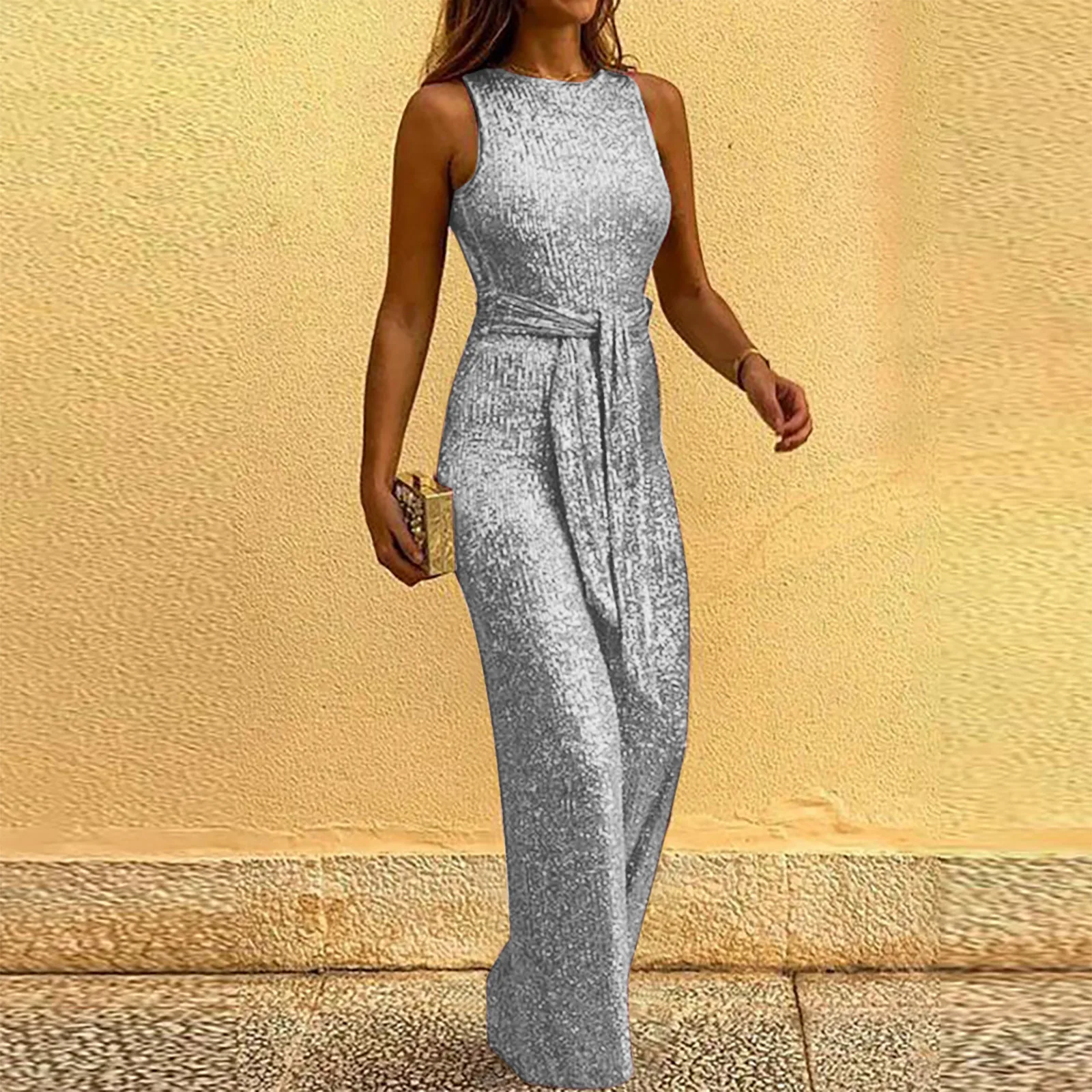 

Playsuit Zipper Bandage Sequins Backless V-Neck Sleeveless Jumpsuits Women Elegance for Party Silver Bodysuit Sexy Romper Ladies