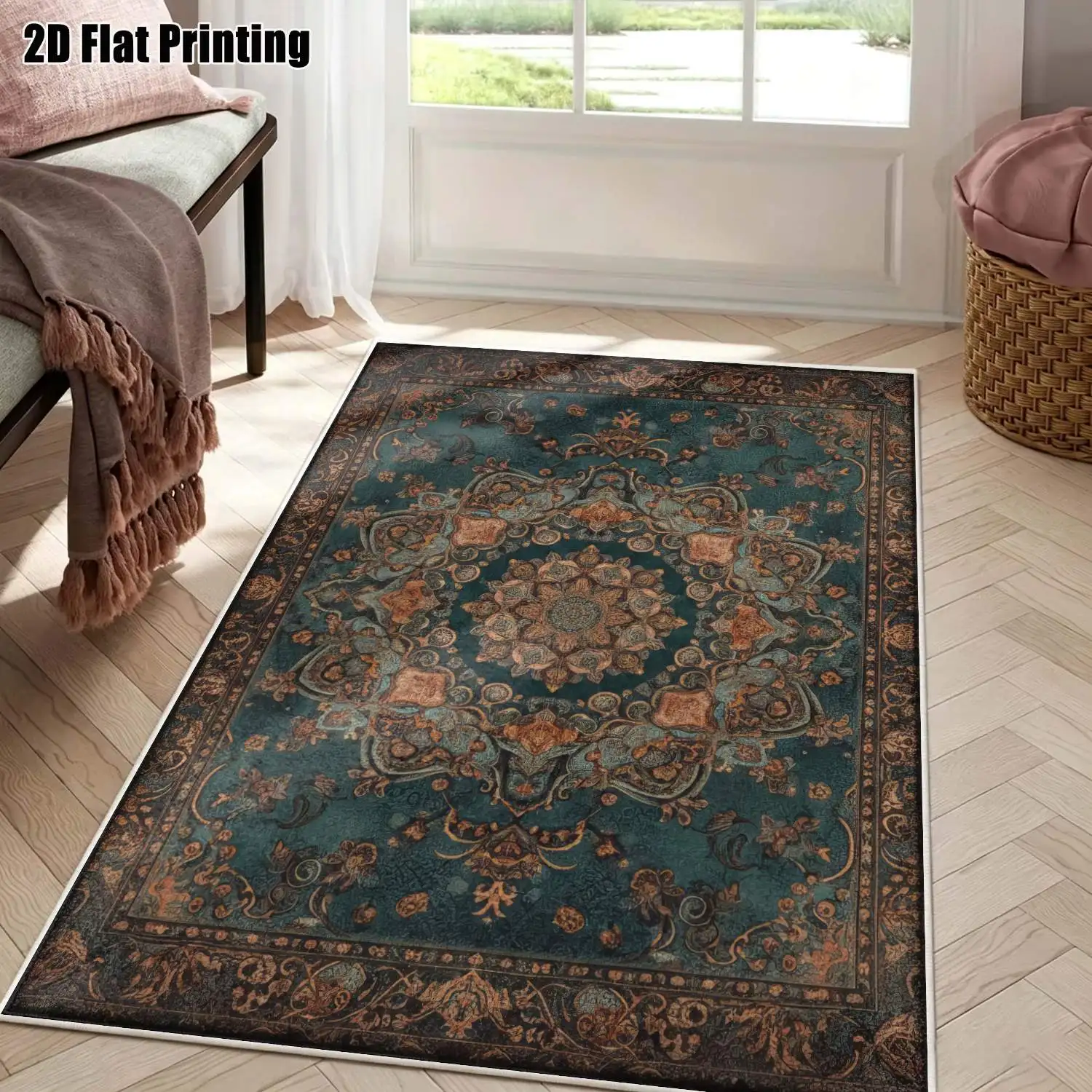 1Pc 2D Printed Velvet Carpet, Blue-Green Retro Floral, European & Bohemian Style, Multi-Size, Machine Washable, Home Decor & Multi-Use Mat