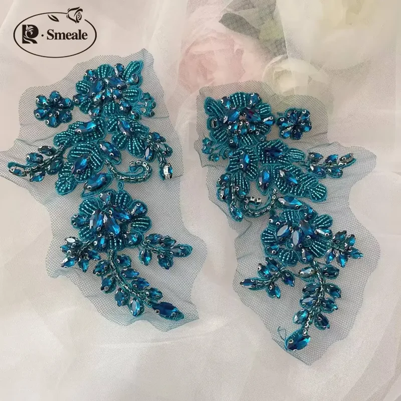 1 Paar handgenähte Glasbohrer-Spiegelblumen, funkelnde Strass-Blumen, Mäntel, Bündchen, Schultern, Hochzeitskleid, DIY-Patch RS4208