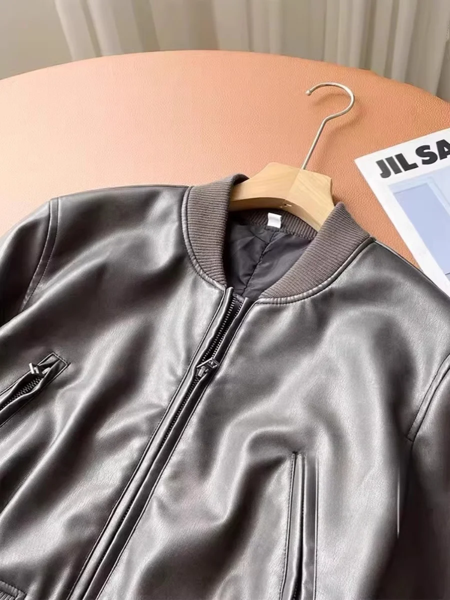 Sli ort – manteau de pilote en cuir pour femme, faux cuir, rétro américain, Faion, automne 2023, fermeture à glissière, col montant