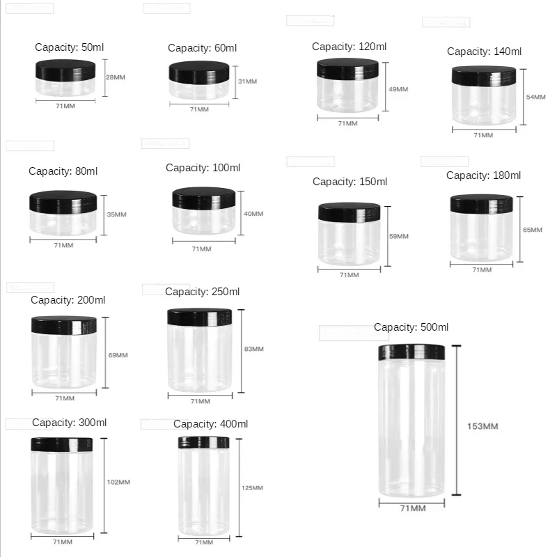 

Clear PET Plastic Jars 150ml 200ml 250ml Transparent Empty Cosmetic Mask Cream Wax Packaging Containers Pots with Lids