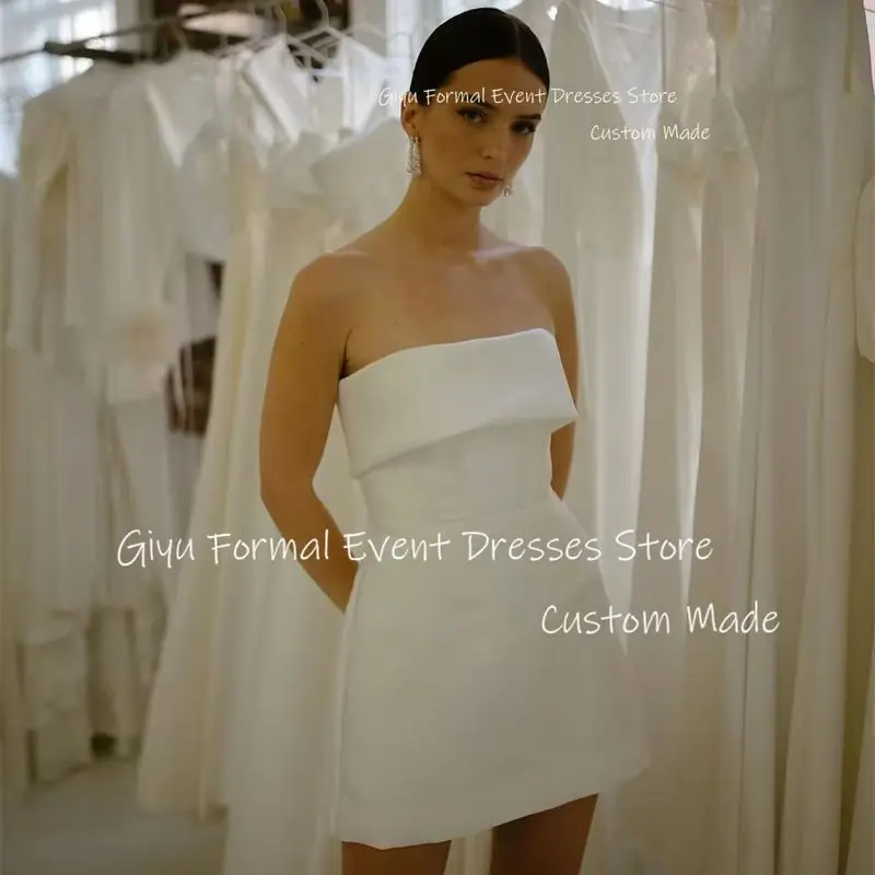 

Giyu Ivory Strapless Soft Satin Mini Short Wedding Dresses Puff Short Sleeves Country Bride Gowns Plus Size Party Dress Bridal