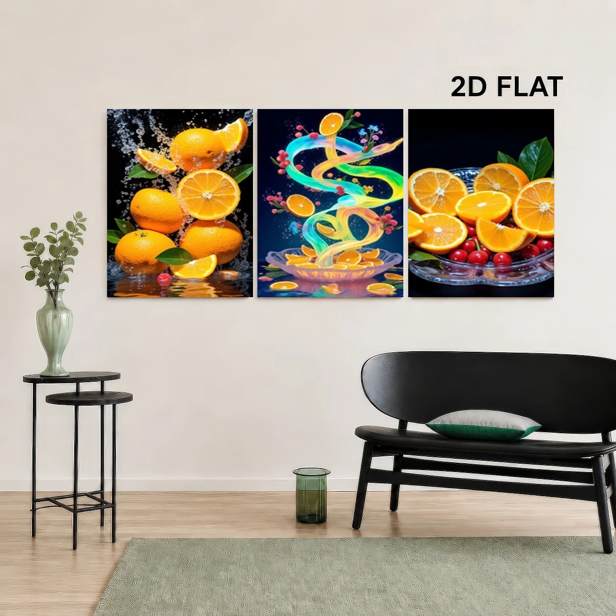2D Flat, 3pcs Modern Citrus Wall Art Prints, Orange Slices, Rainbow Juice and Fruit Platter, less Prints for Kitchen, Dining