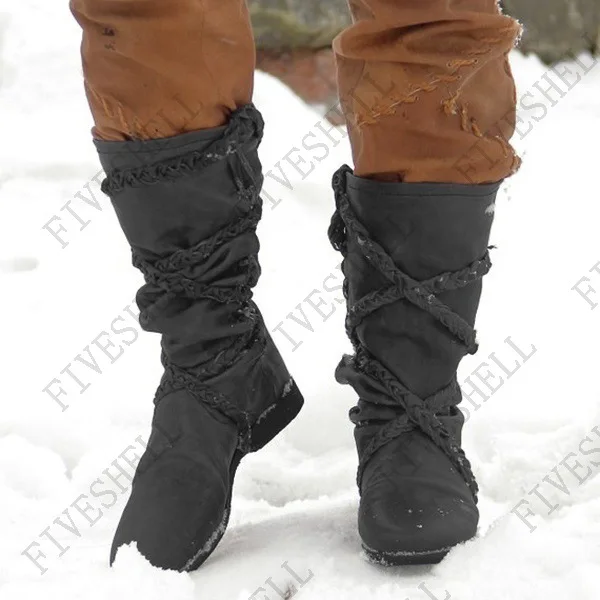 2023 القرون الوسطى الفايكنج زي القراصنة الرجال الرجعية الأحذية هالوين تأثيري الشتاء التمهيد بولي Boot فارس النساء ضمادة القوطية الأحذية