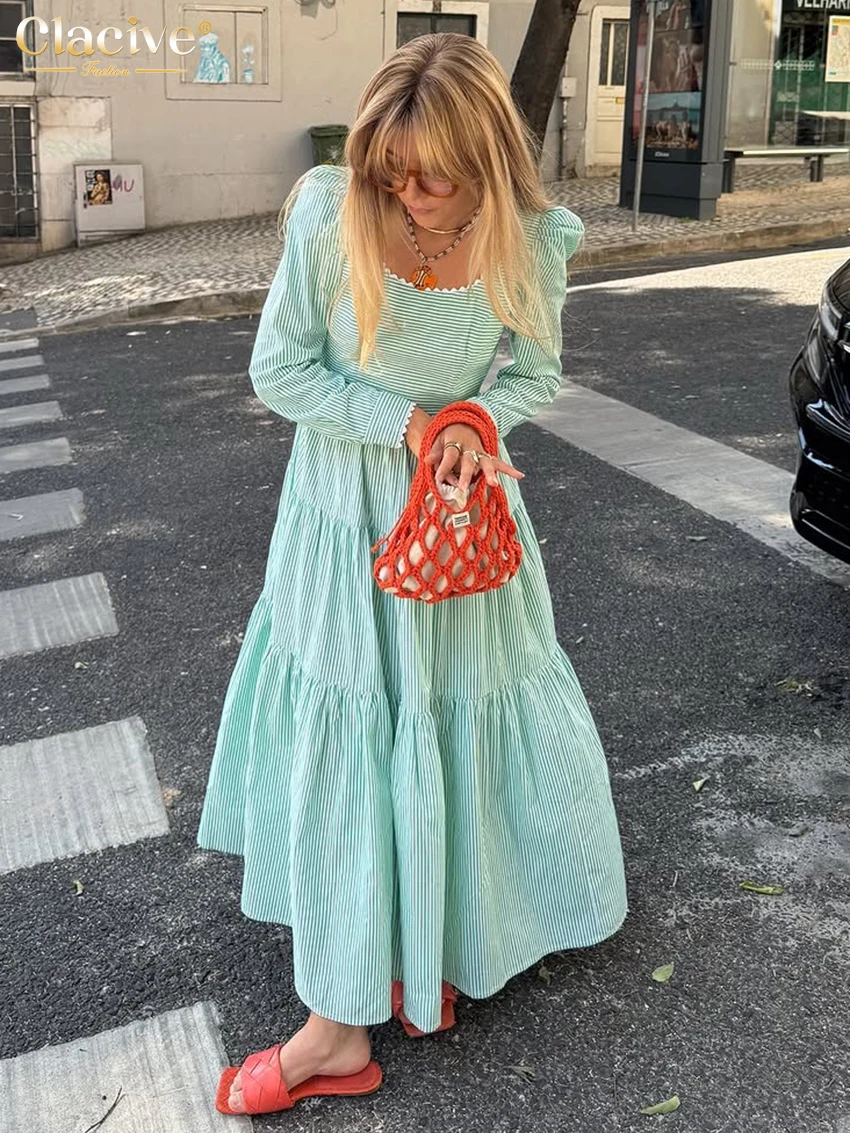 

Clacive Fashion Loose Green Stripe Women Dress 2025 Casual U-Necck Long Sleeve Maxi Dresses Elegant Classic Pleated Female Dress