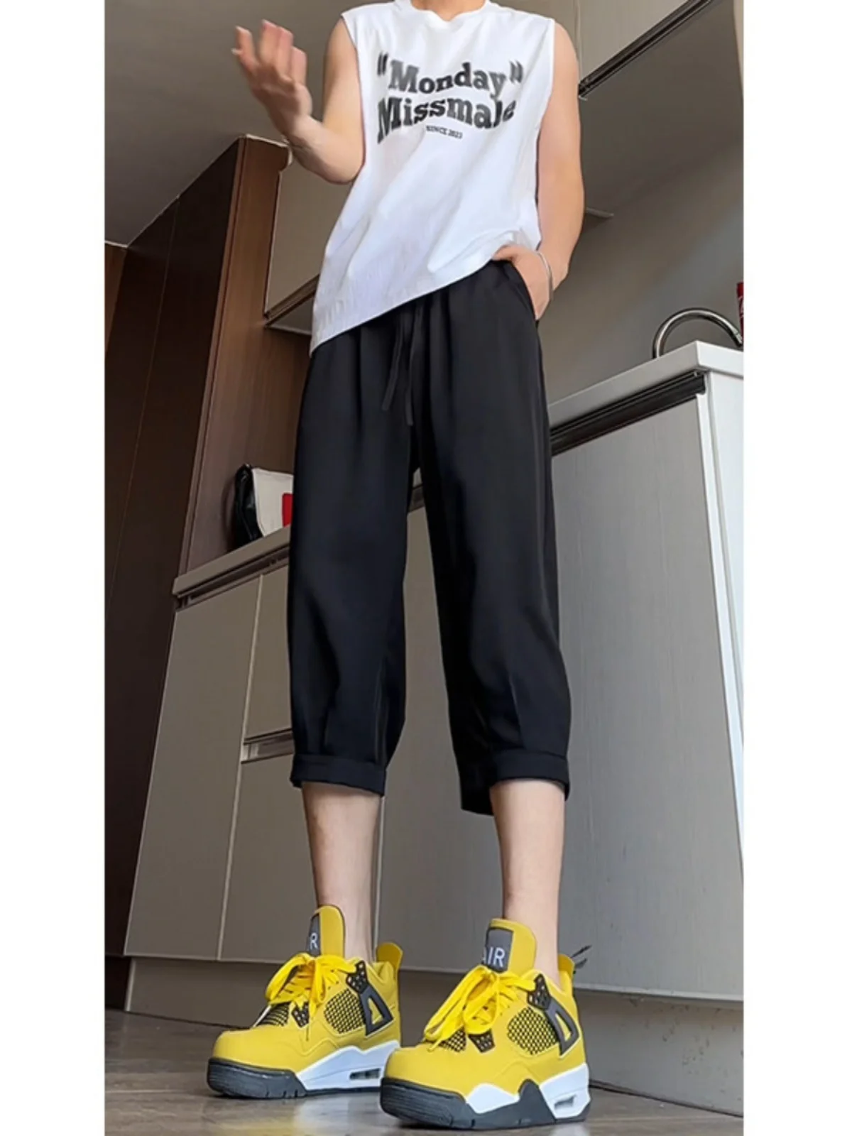 

Легкие дышащие брюки Bla Ice Silk для подростков, свободные, выше колена, летние, тонкие, маленький размер, шестифутовые, костюмные, легкие, дышащие, повседневные