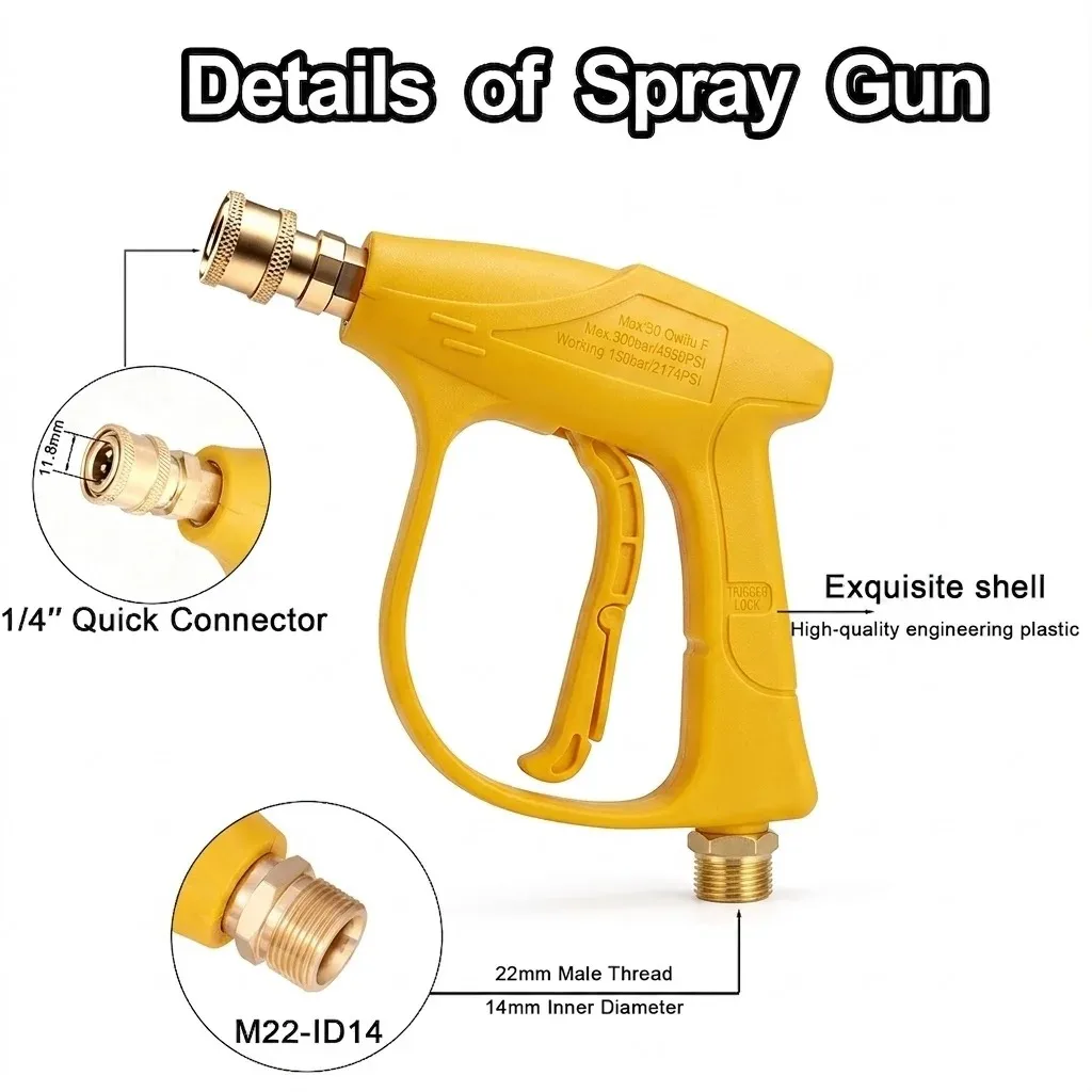 High‑Pressure Water Gun with M22‑14 Hose Connector, Optional 5‑Color Quick Connect Nozzle Kit for Household Car Cleaning