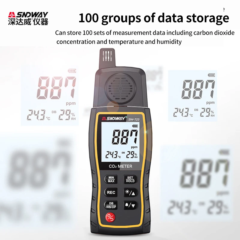 SNDWAY cyfrowy miernik CO2 SW-723 detektor dwutlenku węgla ręczny 0-9999PPM przemysłowy/domowy 3w1 Tester termohigrometr