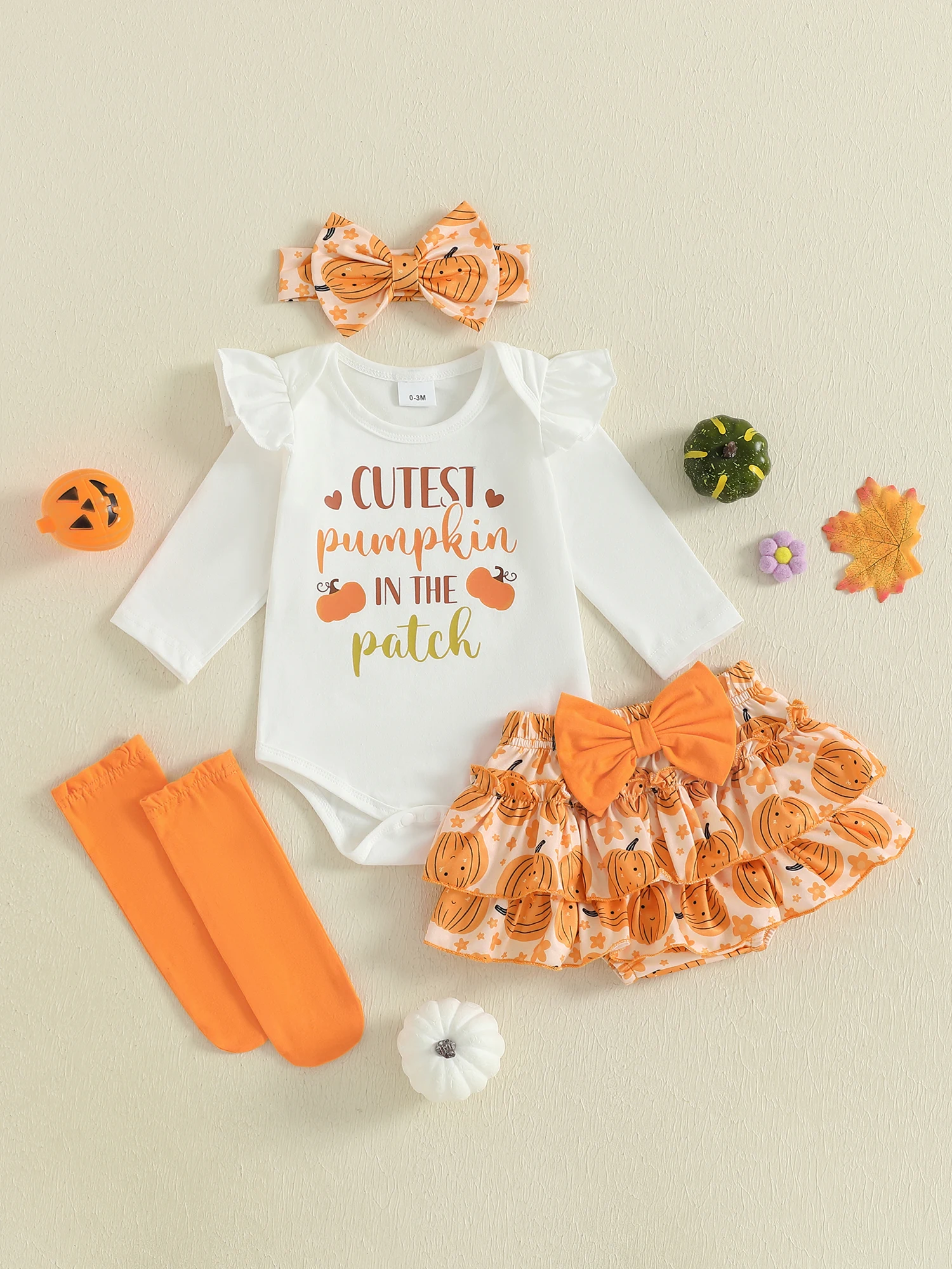 

Комбинезон с длинными рукавами и принтом тыквы для маленьких девочек, юбка-пачка, повязка на голову и носки, костюм на Хэллоуин, милый комплект из 4 предметов