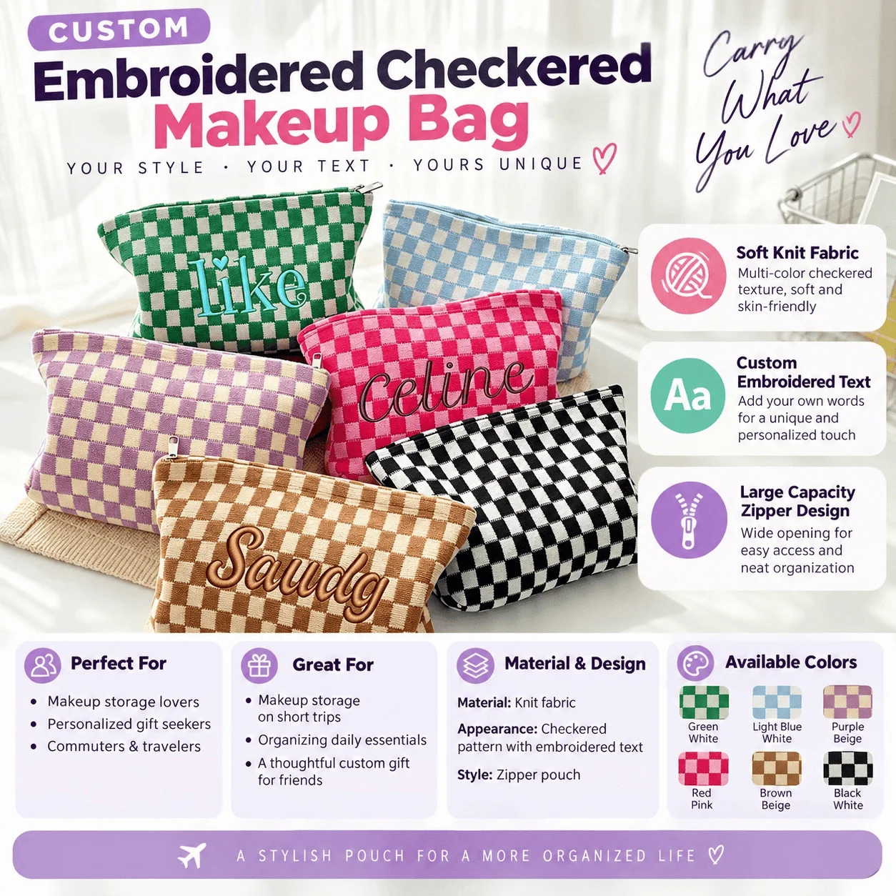 Custom Name Checkered Makeup Bag Personalized Embroidery Knit Cosmetic Bag Women Zipper Pouch Travel Toiletry Storage Gift