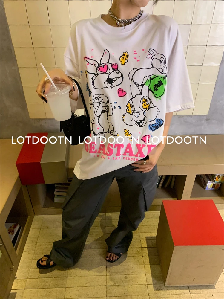 Lotdootn 100% Katoen Y 2K Koreaanse Mode Grafische T-Shirt Grappige Top Korte Mouw Losse Zomer Tops Harajuku Tees Streetwear