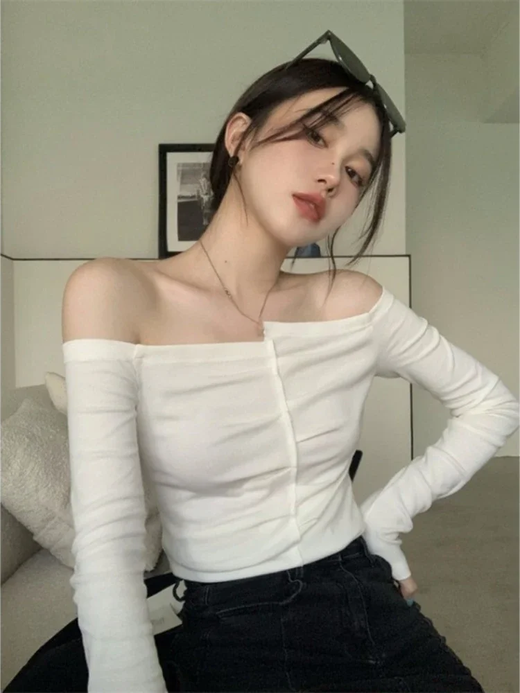 

Women Y2k Aesthetic Chic Vintage T-shirt Slash Neck Solid Off Shoulder Bottoming Tshirts E-girl Ins Long Sleeve Slim Crop Top