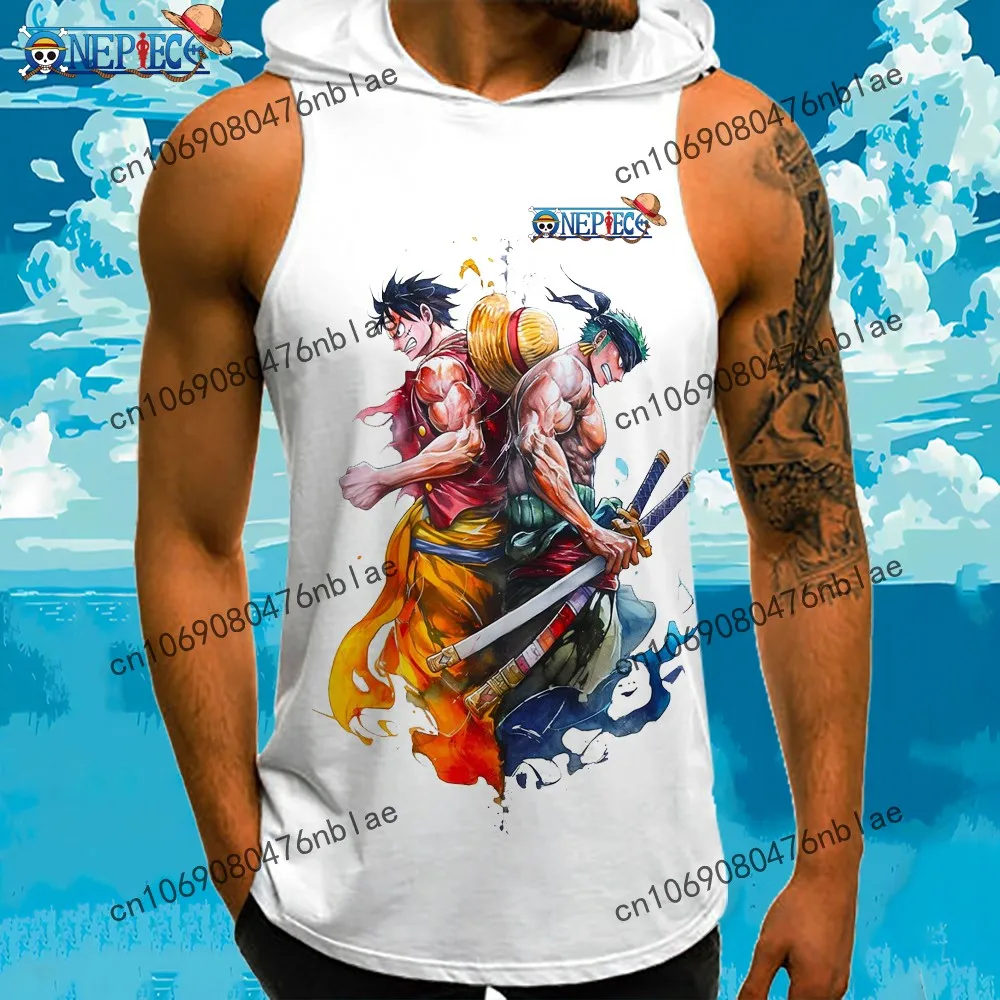 European Size 2025 Sleeveless T-shirts One Piece Zoro Luffy Streetwear Sexy Mens Harajuku Style GYM Men's Vest With Hood Anime