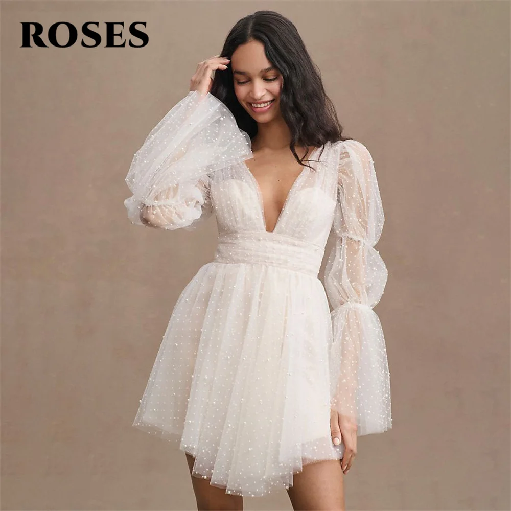 ROSES – robe formelle en Tulle avec perles blanches, tenue de soirée pour mariage, col en v, haute et basse, pour occasions spéciales, personnalisée