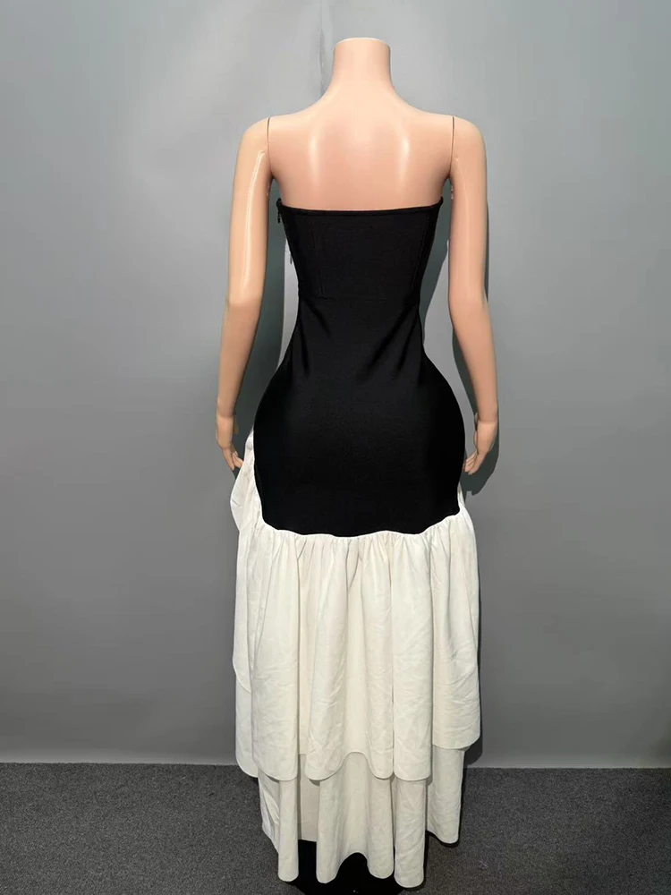 우아한 블랙 화이트 패치 워크 불규칙한 드레스 봄 여성 민소매 가슴 포옹 드레스 여름 높은 허리 무릎 길이 드레스