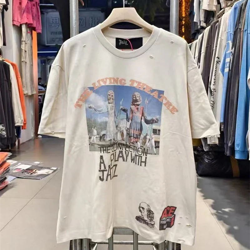 

Streetwear Vintage Concrete White Royal Blue Hip-Hop T-Shirt Play Print Pattern Ripped Hole Cotton Men's Women's T Shirt