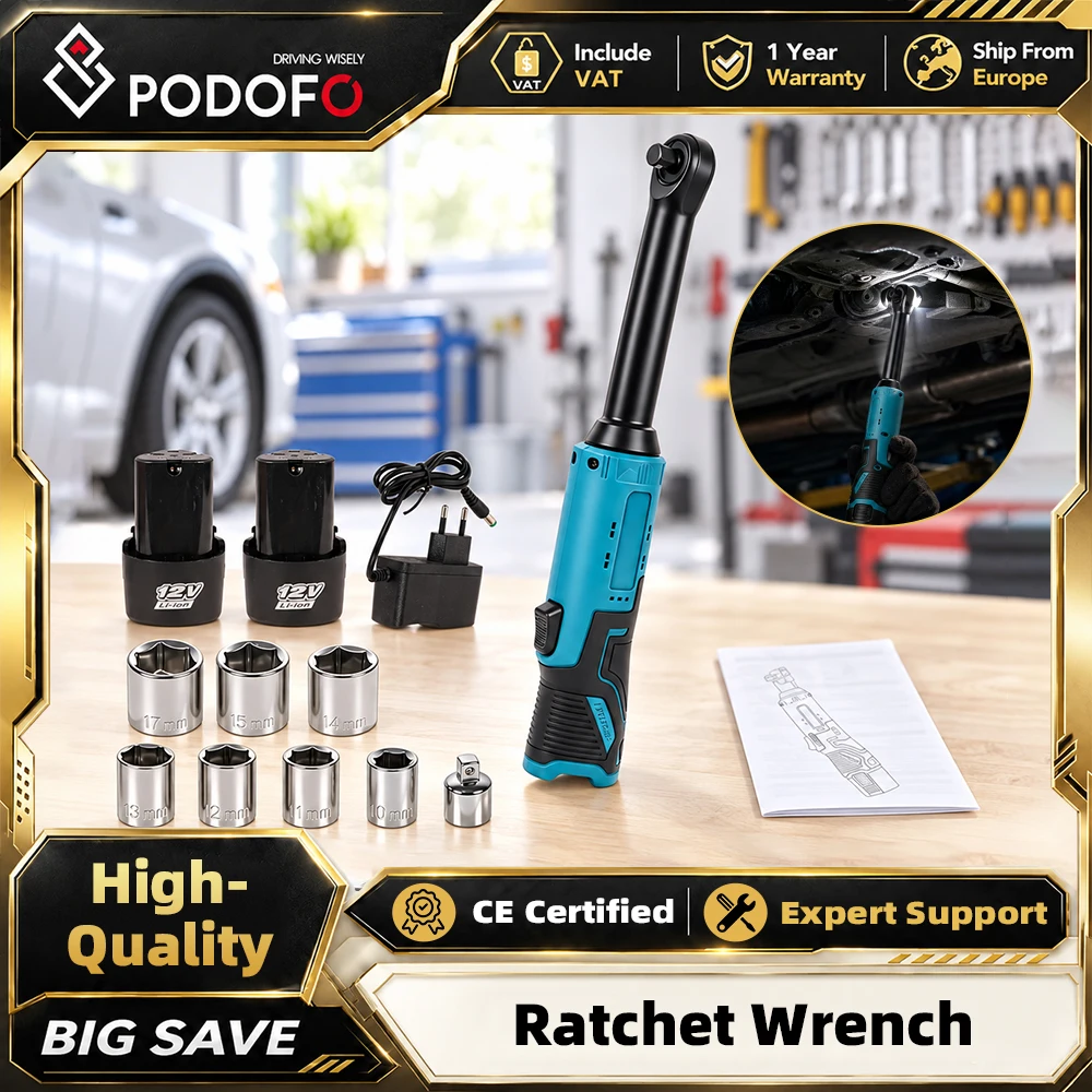 Podofo, chiave a cricchetto elettrica da 3/8", 44 N.m, 400 giri/min, chiave a cricchetto senza fili, chiave a cricchetto estesa da 6 pollici, con 2 batterie da 12 V, set di utensili elettrici per la