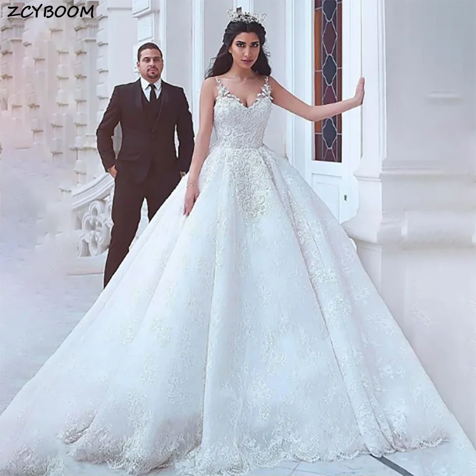 

Customized Gorgeous Lace Appliques Spaghetti Straps Ball Gown Wedding Dresses 2025 Backless With Court Train Tulle Bridal Gowns