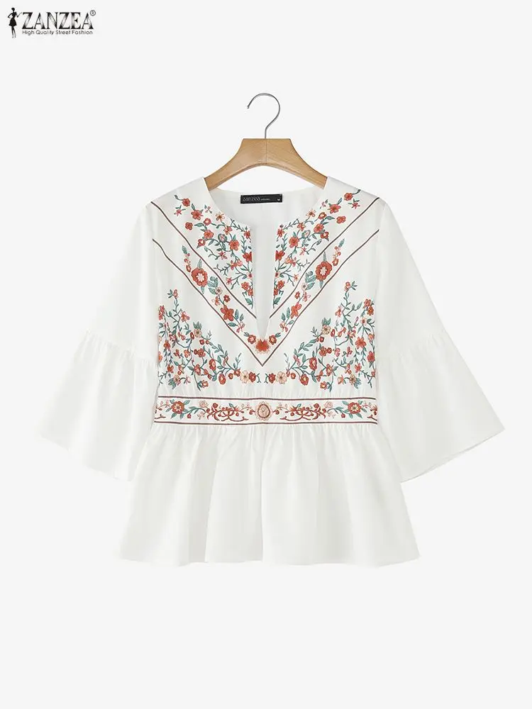 ZANZEA Donna Bohemain Camicetta stampata Camicia estiva Elegante scollo a V Manica a 3/4 Top da vacanza Donna Orlo arricciato Lavoro Blusas Oversize