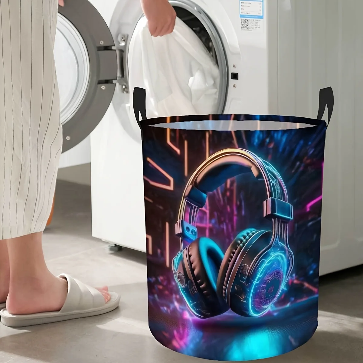 Neon Glowing Headset Laundry Hamper Round Foldable Storage Basket with Handles Space-Saving Design for Clothes