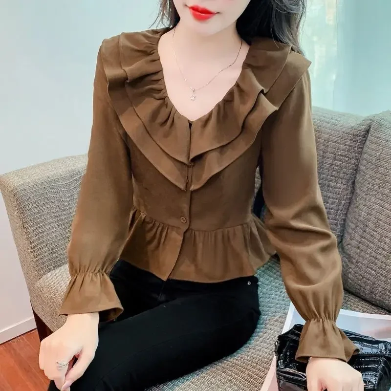 Belle Femme printemps automne mode coréenne simplicité bouton couleur unie col en v femmes tout-match volants velours côtelé mince à manches longues