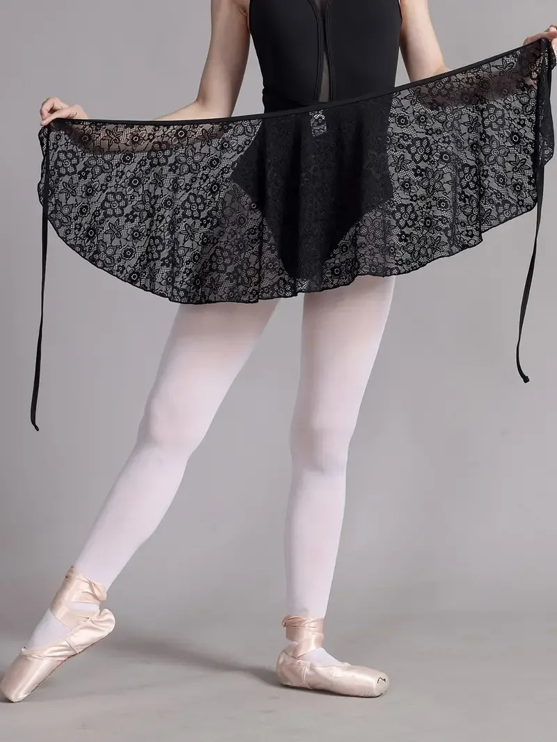 Elegant Black Ballet Wrap กระโปรงผู้หญิง Semi-Sheer Lace Dance กระโปรง Dancewear