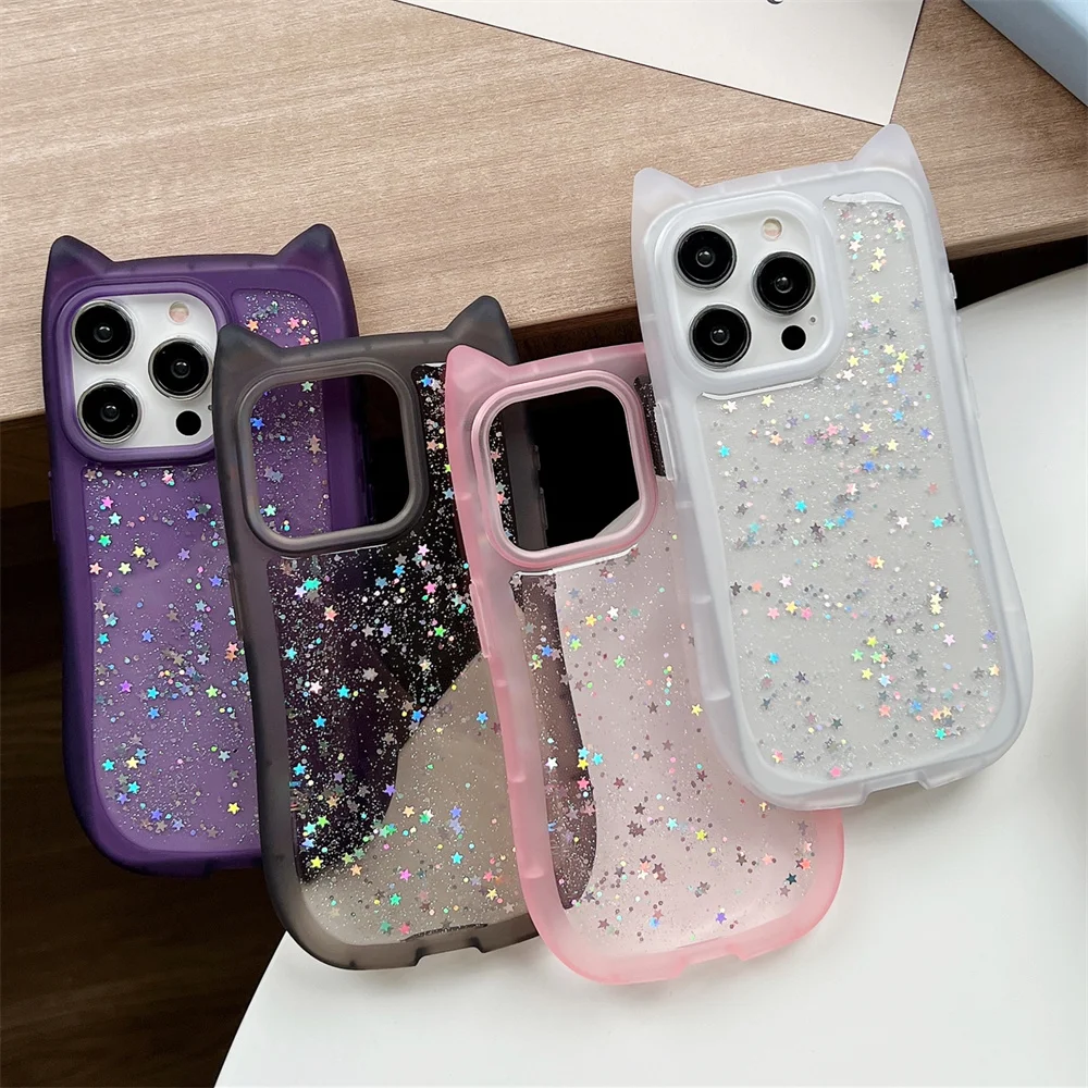 Cute Cat Ears 3D Transparent Case For iPhone 17 Air 16 15 14 Plus 13 12 11 Pro Max INS Funny Bling G