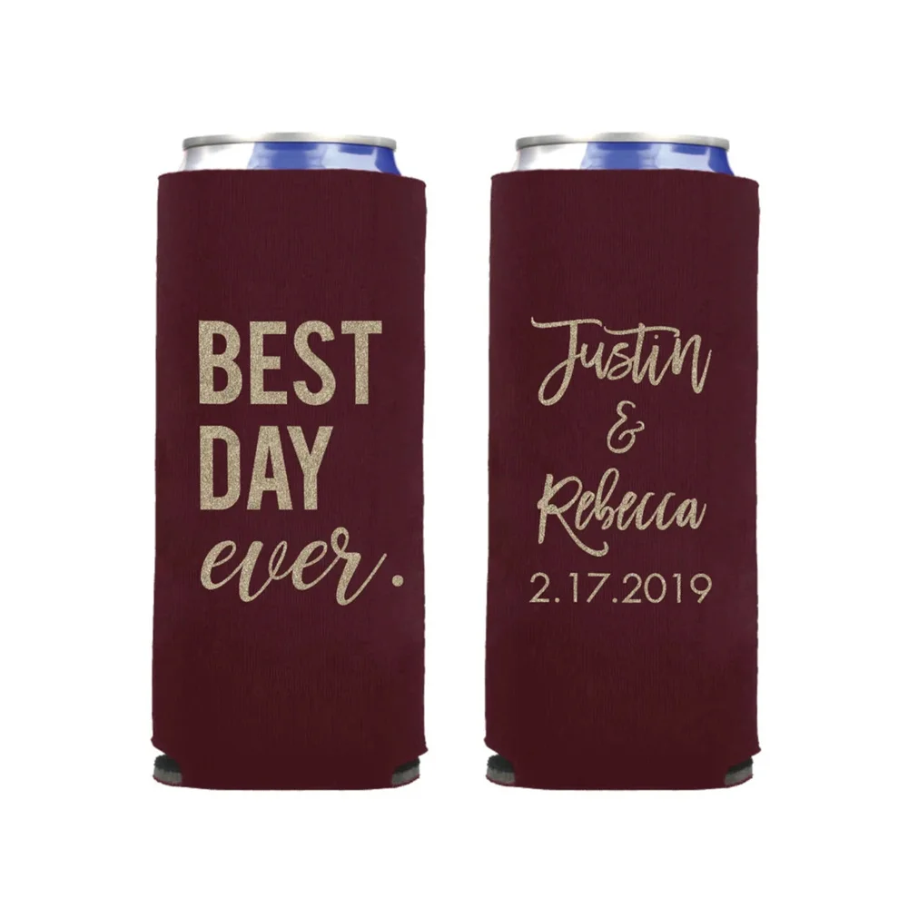 Slim 12oz Custom Wedding Can Coolers, Custom Best Day Ever Can Coolers, Personalized Drink Holders, Custom Wedding Gift KWE-100