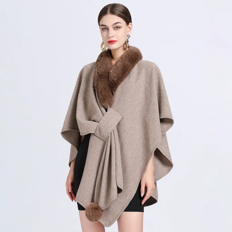 

Autumn Winter New Imitation Otter Rabbit Fur Collar Cape Large Knitted Cardigan Coat Ponchos Women Capes Khaki Cloak