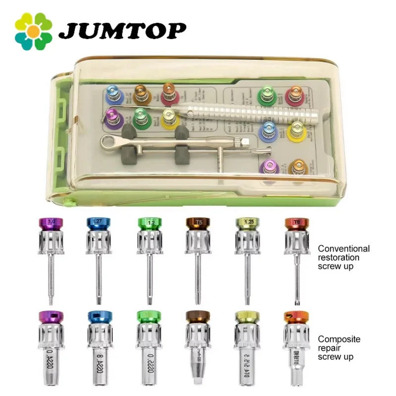 JUMTOP Dental Implant Repair Kit Universal Restoration Tools Colorful Torque Wrench Ratchet 10-70 NCM with 12Pcs Screwdrivers